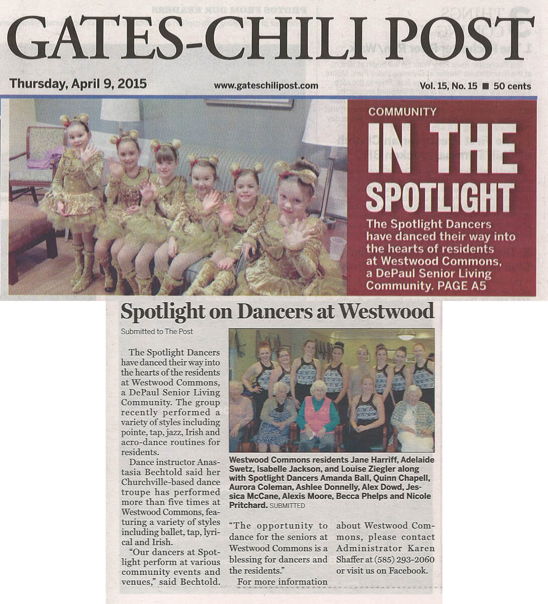 Westwood Commons get a visit from the Spotlight Dancers article in the Gates Chili Post on April 9, 2015