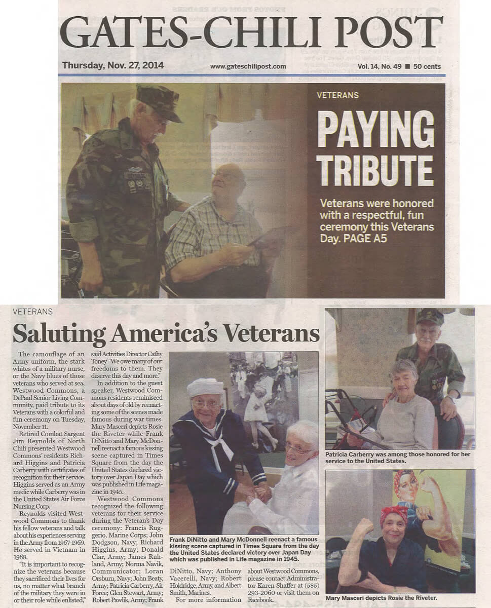 Westwood Commons celebrate Veteran's Day, article in the gates chili Post November 27, 2014