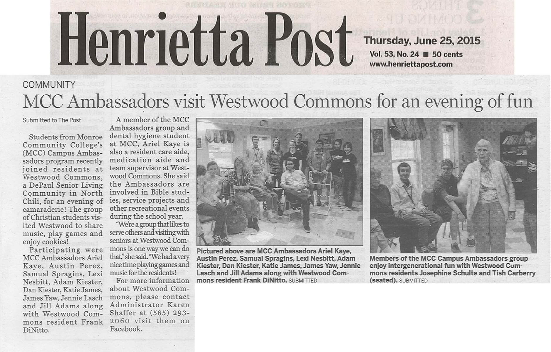MCC Ambassadors visit Westwood Commons Senior Living Community story in the Henrietta Post June 25, 2015