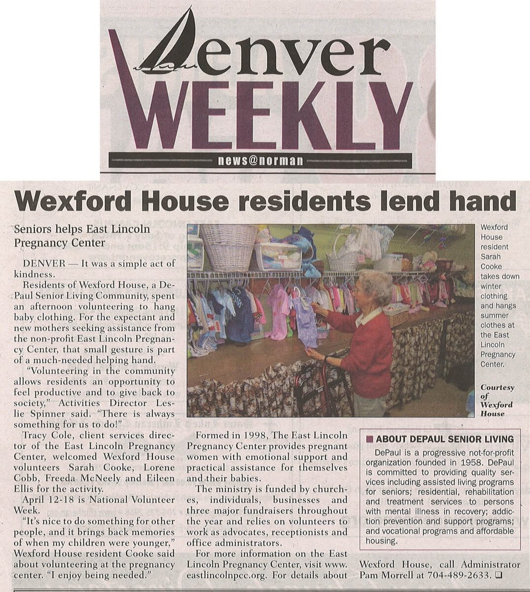 Wexford House Volunteers, article in the April 10-16 Denver Weekly