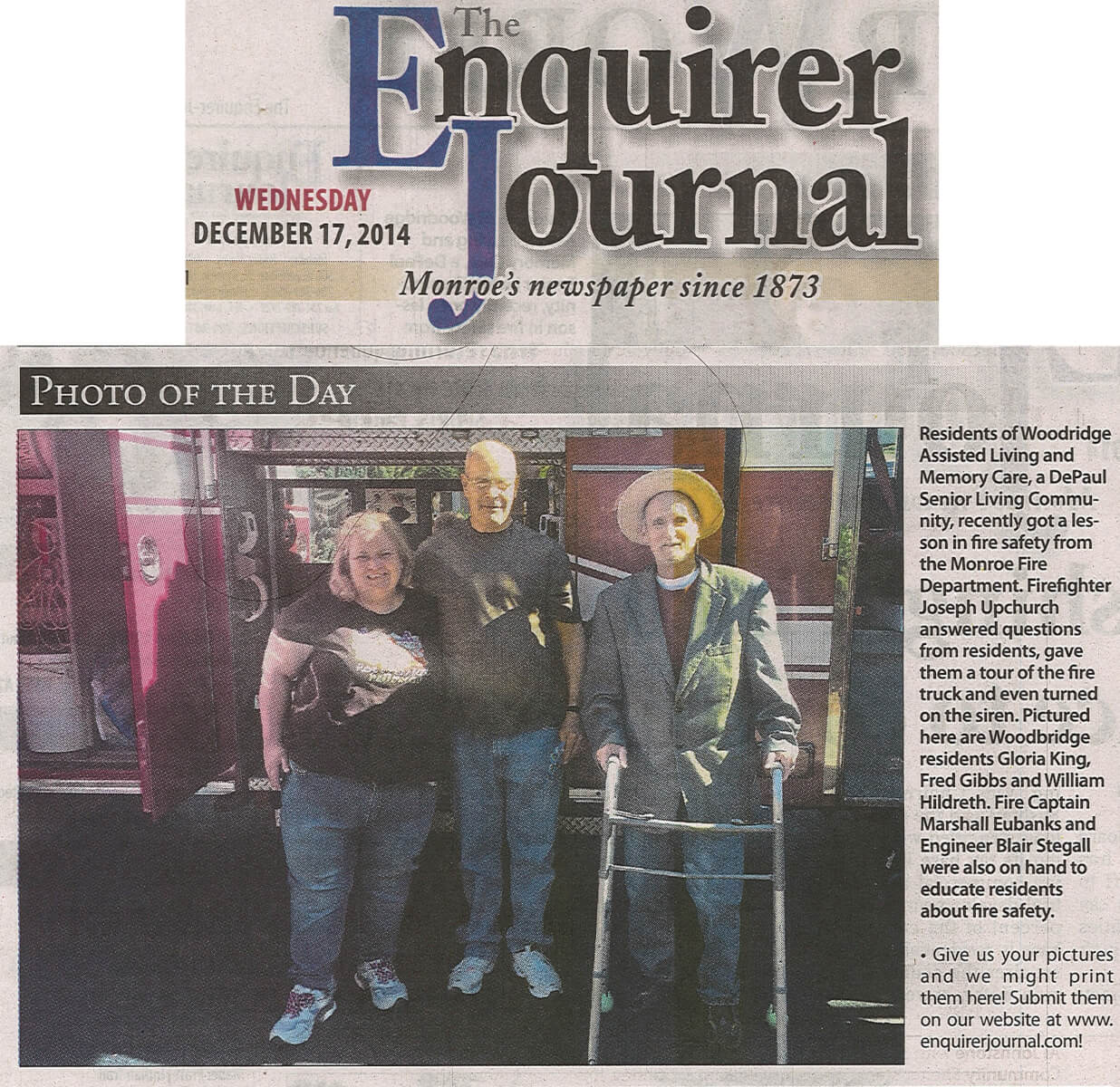 Woodridge Senior Living practices Fire Safety, article in the Enquirer Journal December 17, 2014