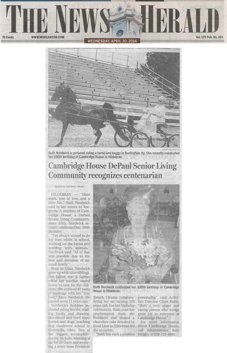 Cambridge House Assisted Living Resident Ruth Nordwick's 100th Birthday Article in the News Herald April 30, 2014