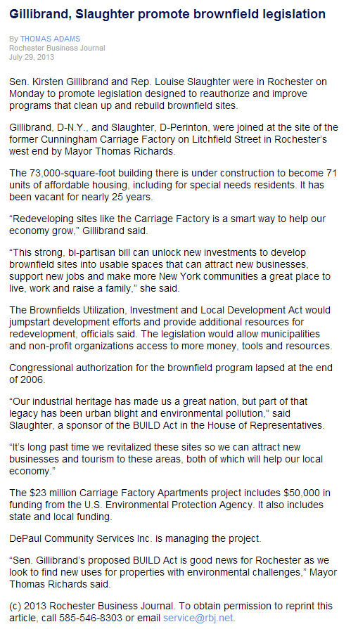 Carriage Factory Apartments Supported by Gillibrand Press Conference RBJ 7.29.2013