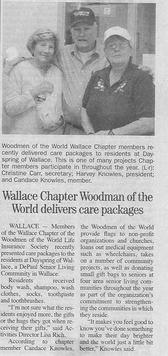 Dayspring of Wallace receive care packages from Woodsman of the World story in the Duplin Times November 2013