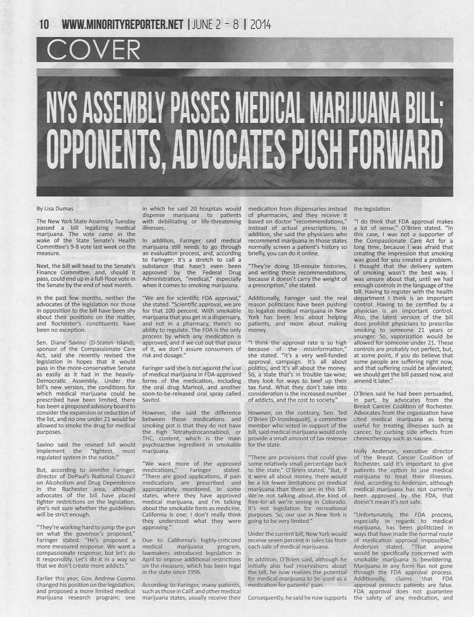 Minority Reporter Medical Marijuana article featuring Jennifer Faringer NCADD-RA June 2-8, 2014