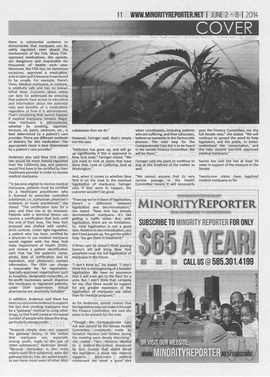 Minority Reporter Medical Marijuana article featuring Jennifer Faringer NCADD-RA June 2-8, 2014