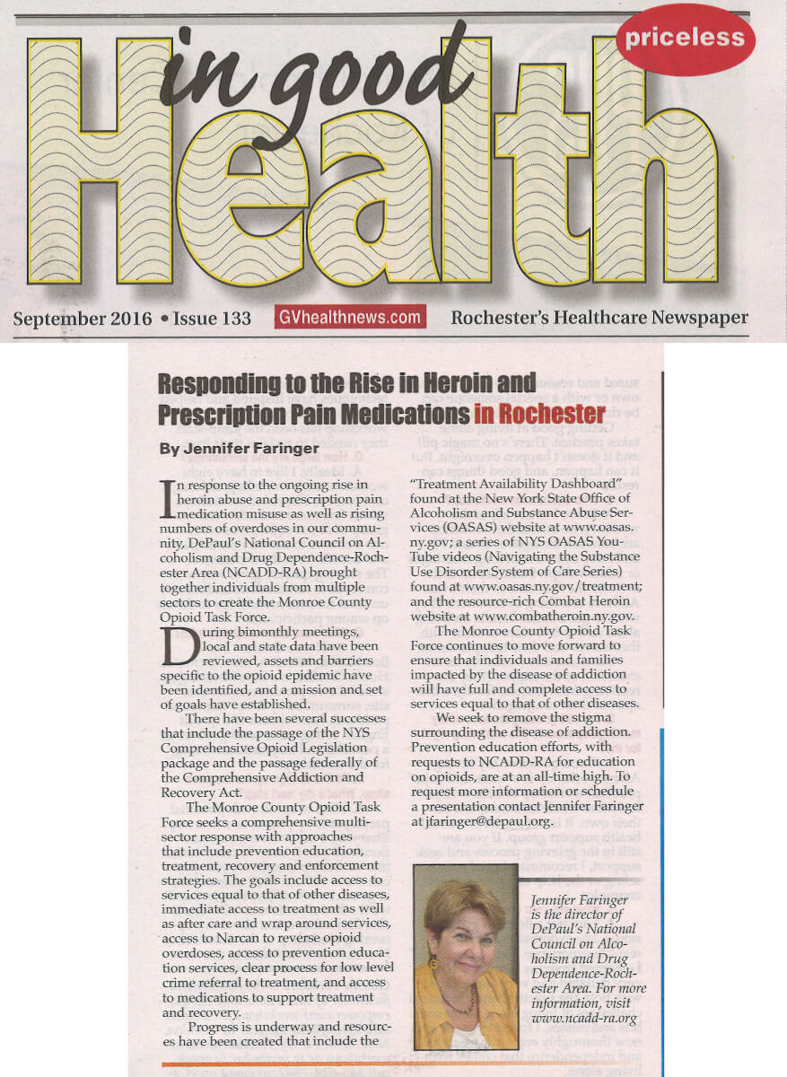 NCADD-RA Opioid Task Force, story in the September 2016 issue of Rochester In Good Health