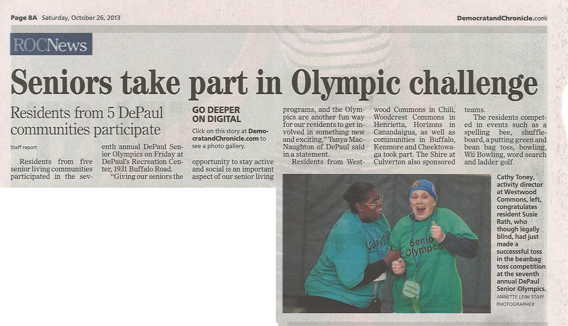 DePaul Senior Living Residents participate in olympic games story in the Democrat and Chronicle October 2013