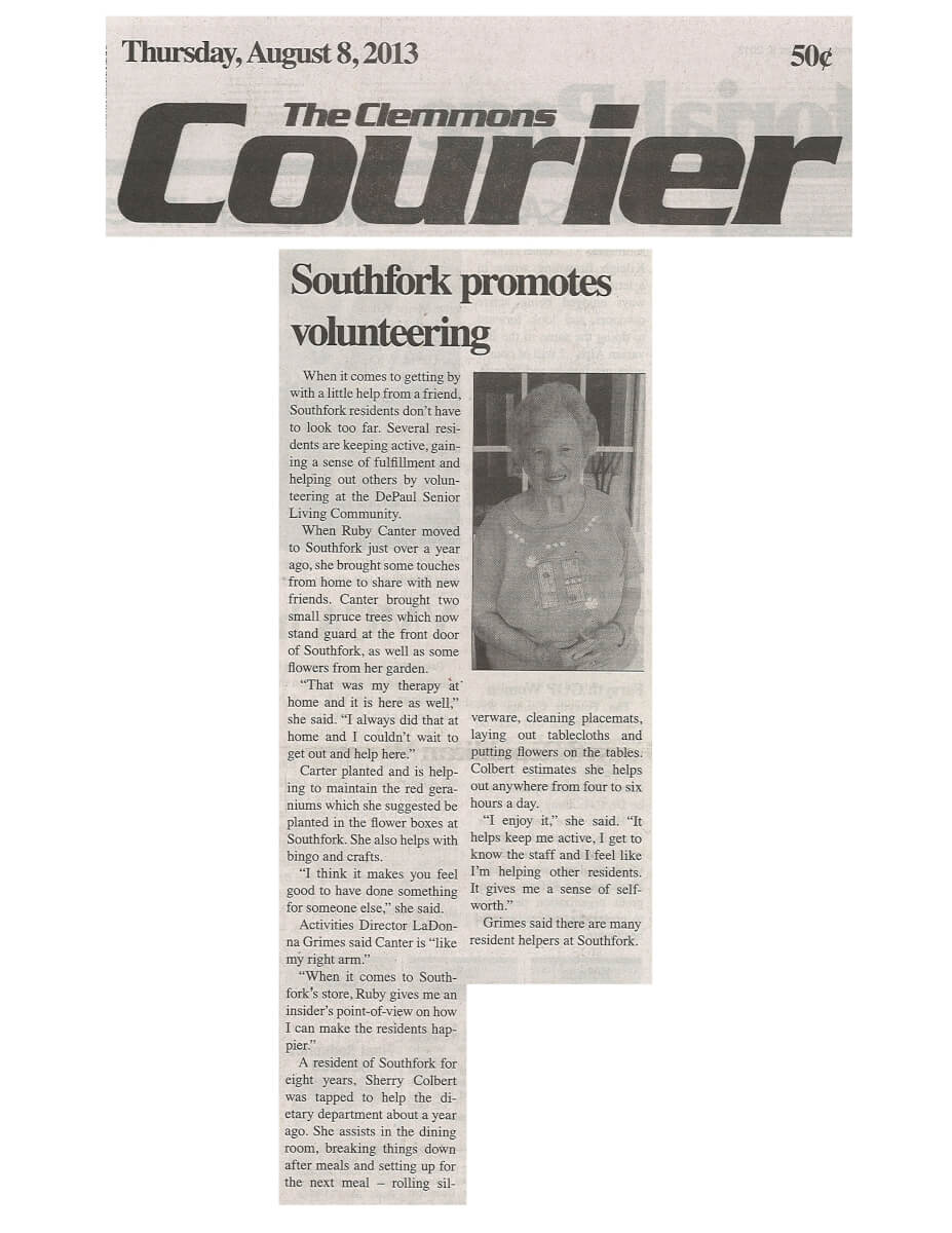 Southfork Resident Volunteer story in the Clemmons Courier August 2013 