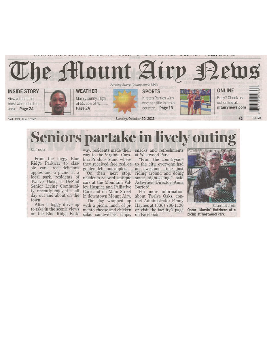 Twelve Oaks Out on the Town article in the Mt Airy News October 20, 2013
