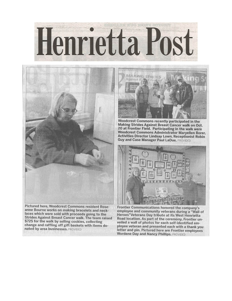Woodcrest Commons Participates in the Breast Cancer Walk story in the Henrietta Post November 21, 2013