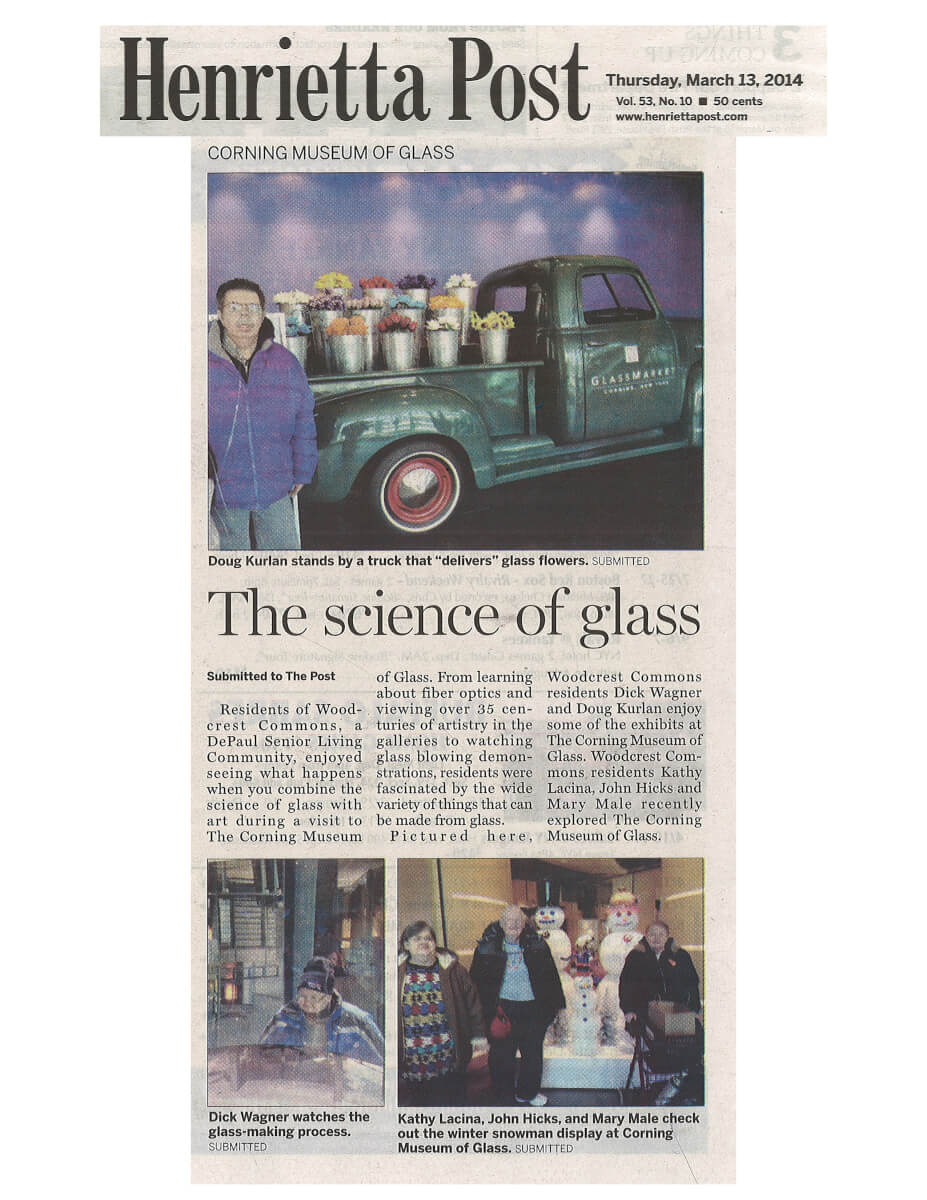 Woodcrest Commons Residents visit the Corning Museum of Glass Article in the Henrietta Post March 2014