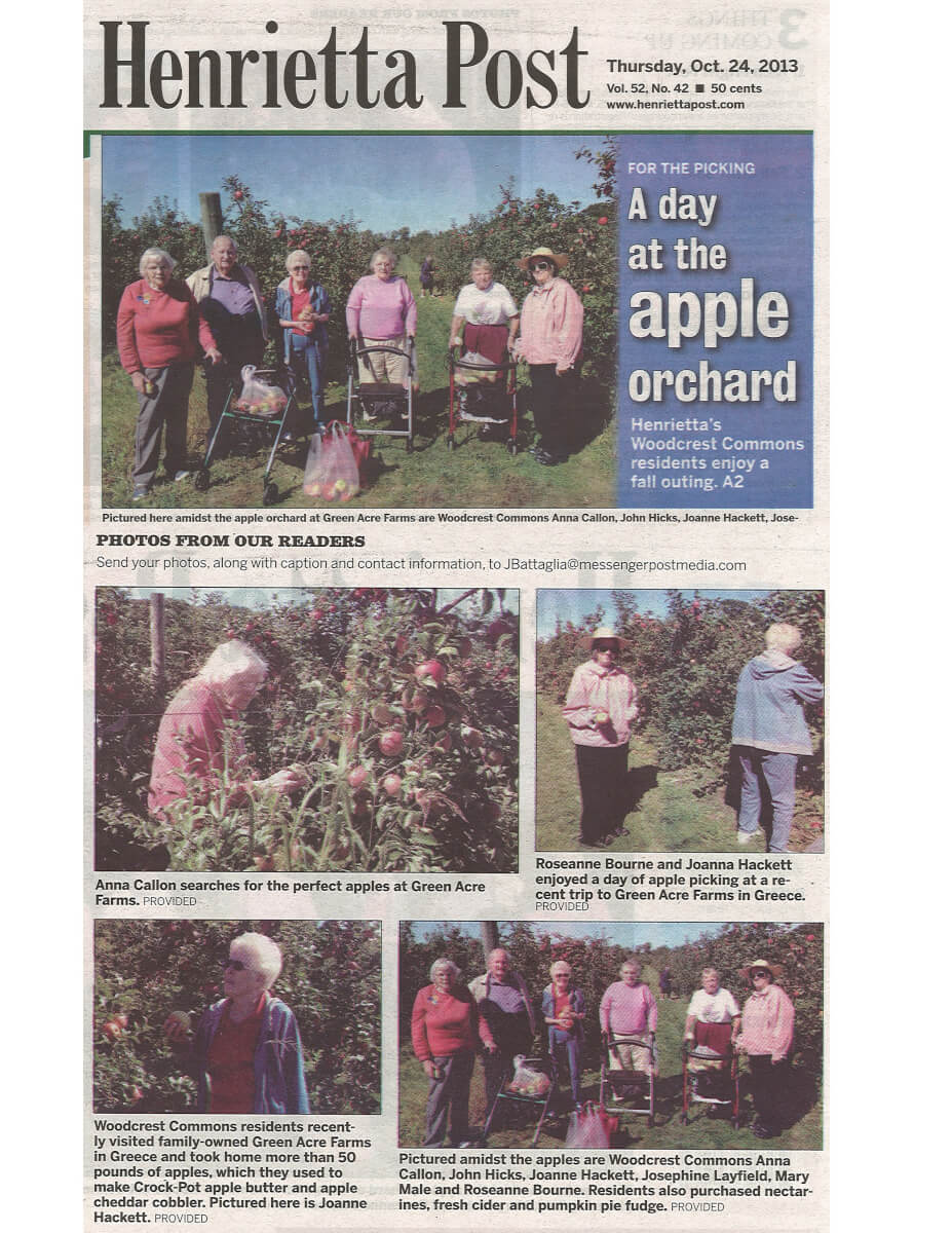 Woodcrest Commons visiting Green Acre Farms story in the Henrietta Post October 24, 2013