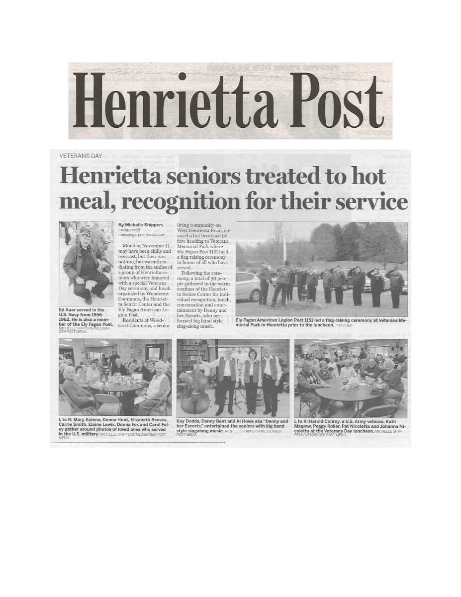 Woodcrest Commons Veterans Day story in the Henrietta Post November 15, 2013