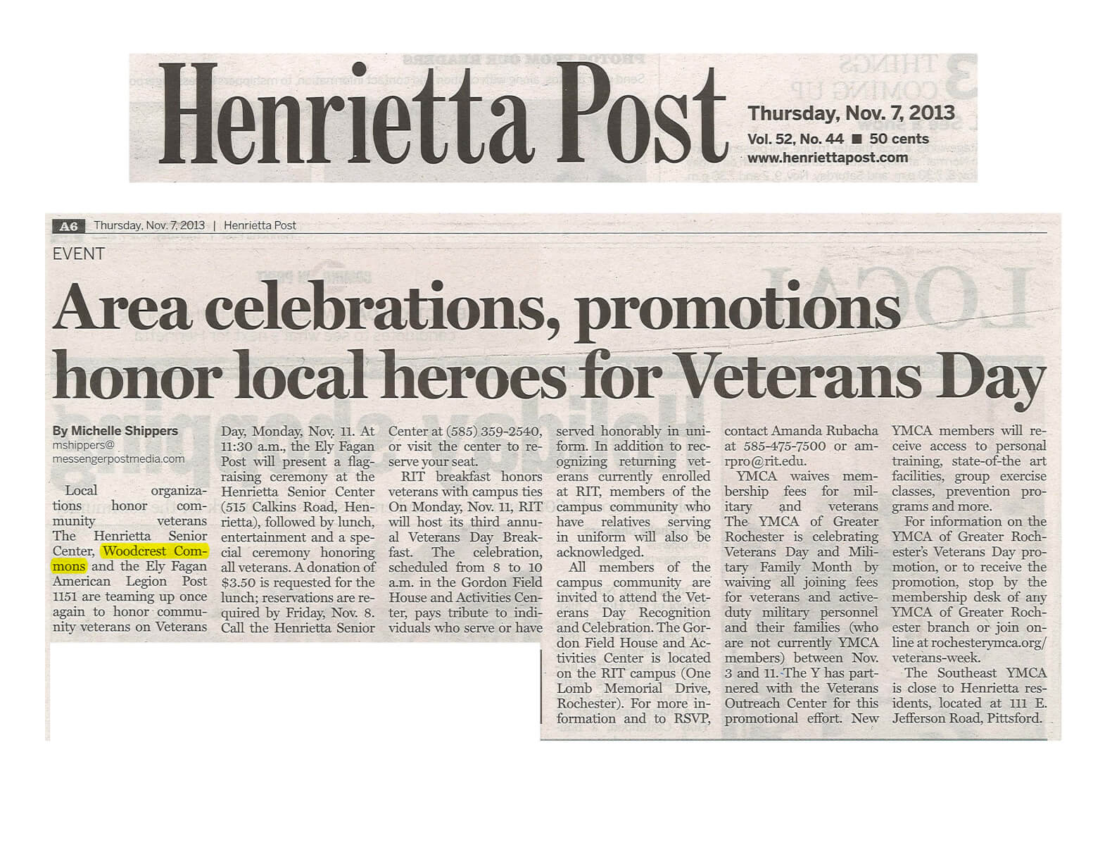 Woodcrest Commons celebrates Veterans Day article in the Henrietta Post November 2013