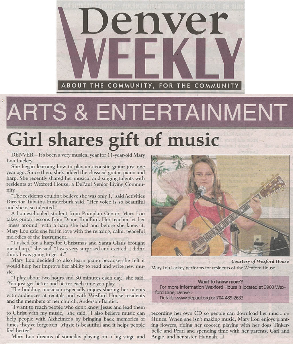 Wexford House Mary Lou Lackey shares the gift of music story in the Denver Weekly June 2014