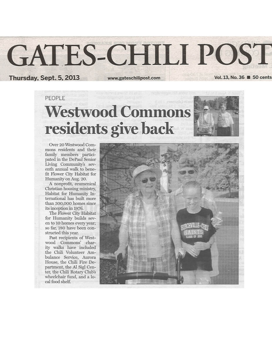 Westwood Commons Residents Give Back Article in the Gates Chili Post September 2018