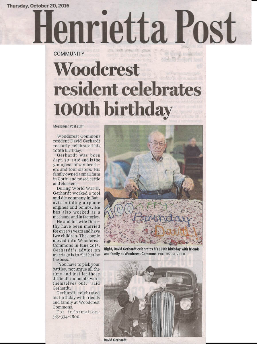 Woodcrest Commons resident David Gerhardt celebrates 100th birthday story in the Henrietta Post October 20, 2016