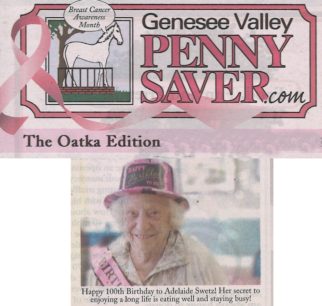 Westwood Commons resident Addie Swetz turns 100 photo in the Genesee Valley Penny Saver October 2016