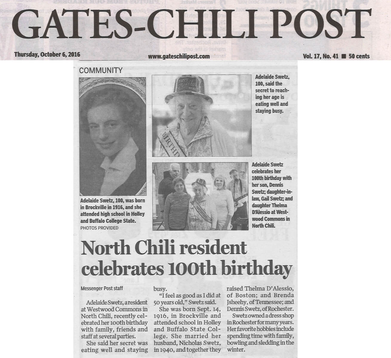 Westwood Commons Resident Adelaide Swetz celebrates 100th Birthday story in the Gates Chili Post October 6, 2016