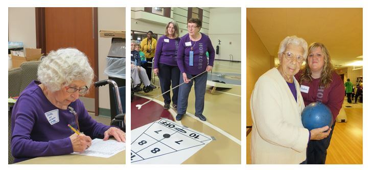 Horizons resident Zelma Batzel participates in the word search competition which she took second place in; resident Pearl Osterman participates in shuffleboard while Med Technician Judy Wilson looks on, and resident Rose Lenzi prepares to bowl with assistance from Supervisor Tara Beth Clark.