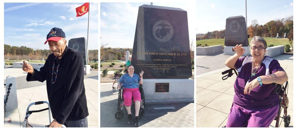  Southfork resident Johnnie Montgomery, a veteran of the Air Force, prepares to toss a penny in the fountains at the Carolina Field of Honor while other residents pose by the monument 