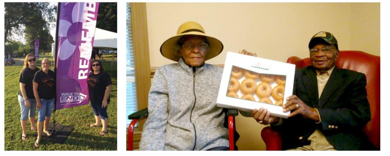 Twelve Oaks Memory Care Director Alicia Lambert, Resident Care Director Johnnie Holt and Administrator Penny Haynes. Also pictured above are Twelve Oaks resident Jennie and her husband James Strickland at the donut sale