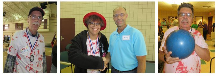 Woodcrest Commons resident Tom Armstrong after accepting his medal for his first place finish in Wii Bowling; resident Andrea Heath accepts her gold medal in golf from DePaul Recreation Director Dan Charcholla and resident Doug Kurlan prepares for a strike in bowling, for which he took the gold!