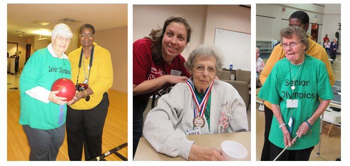 Westwood Commons resident Alice Brenkus steps up to bowl along with Activities Director Cathy Toney; Judy Kinch accepts a silver medal in the spelling bee competition and Florence VanCott gives her best performance during shuffleboard.