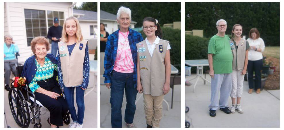 Wexford House resident Frances Genta with Girl Scout Kaitlyn Sheppard; Wexford House resident Jackie Taylor with Girl Scout Chloe Rapp and Wexford House resident Rick Taylor and Girl Scout Katie Cook at the pinning ceremony.