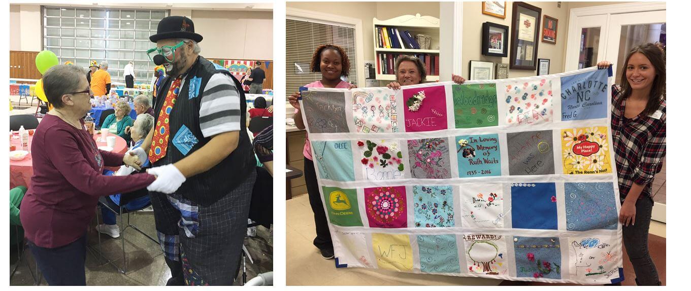 Woodridge resident Carol Bennett shares a dance with a clown and a homemade quilt is shown off