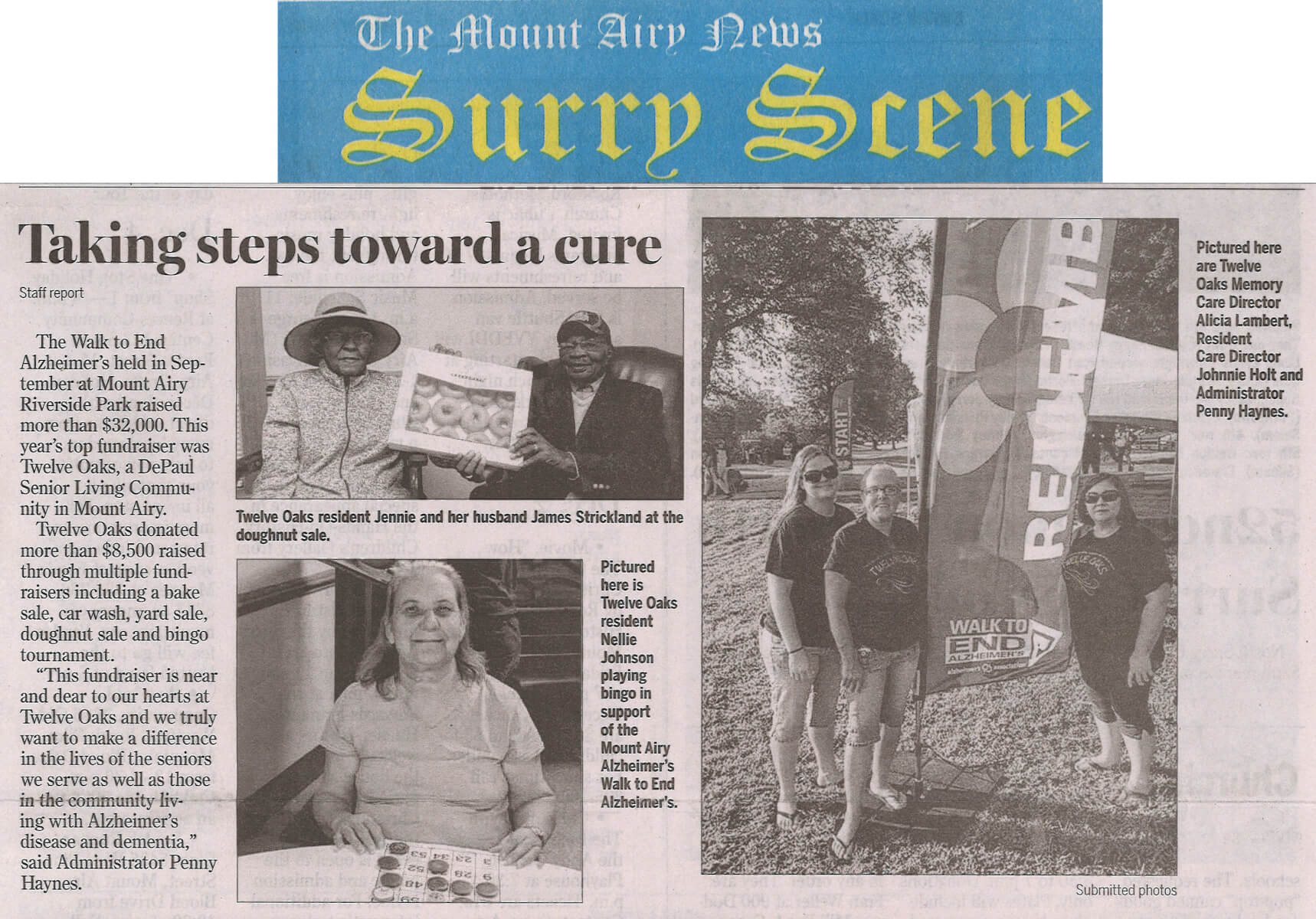 Twelve Oaks Residents walk to end Alzheimers December 1, 2016 story in the Mount Airy News