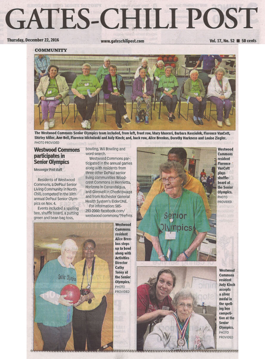 Westwood Commons participates in the Senior Olympics article in the Gates Chili Post December 22, 2016