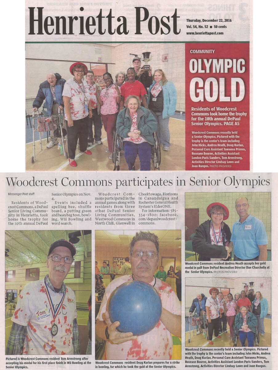 Woodcrest Commons participates in the Senior Olympics article in the Henrietta Post December 22, 2016