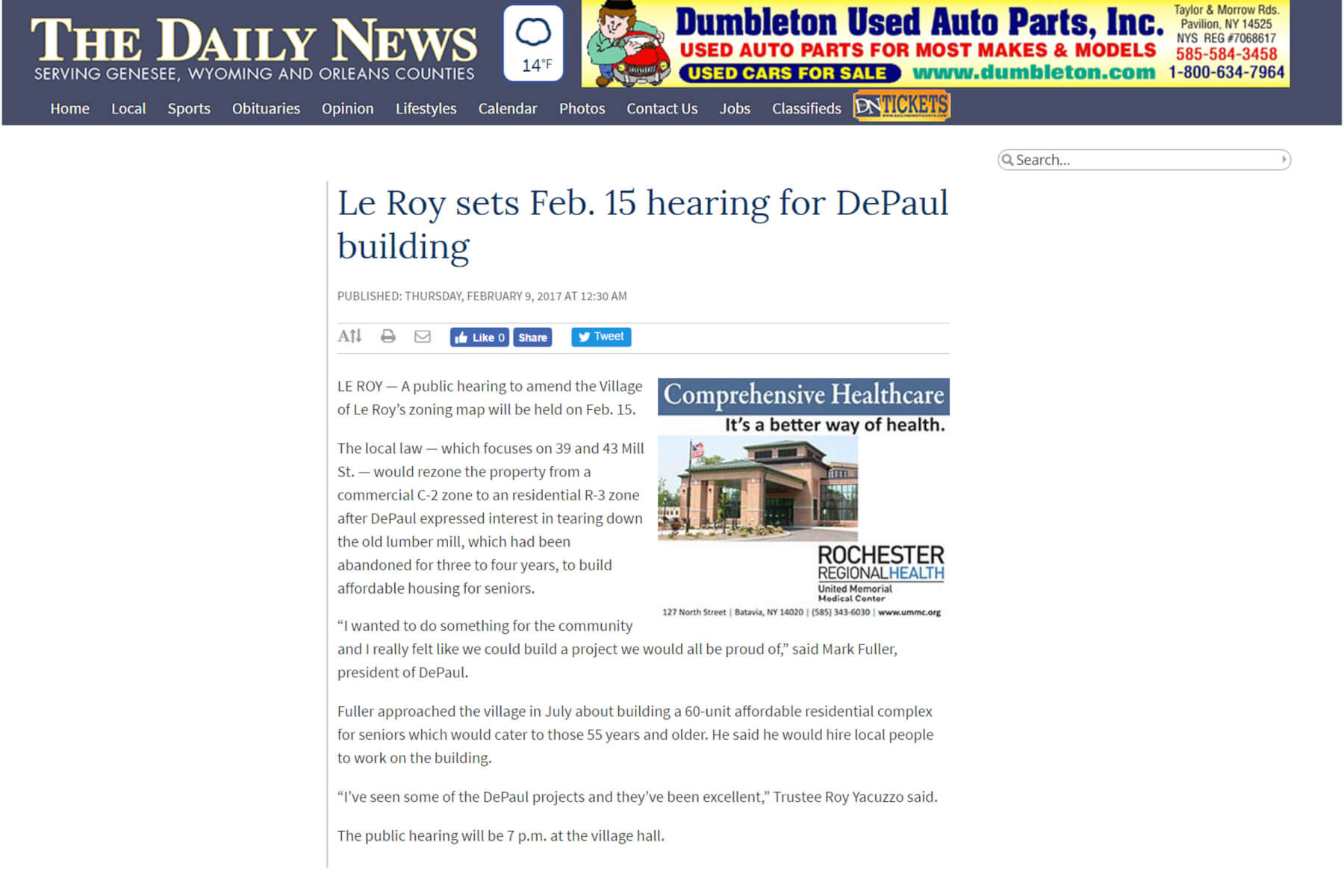 LeRoy sets Feb. 15 hearing for DePaul building article in The Daily News February 2017