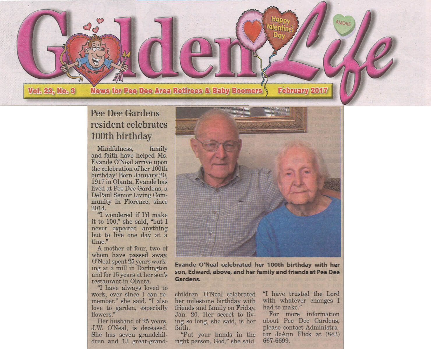 Pee Dee Gardens Resident Evande O'Neal turns 100 February 2017 story in Golden Life