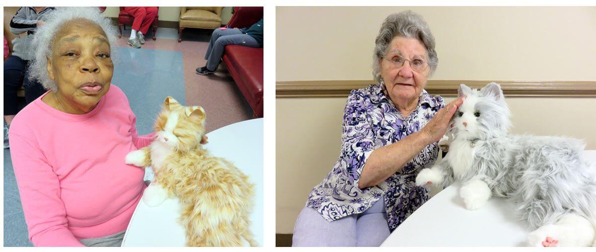 Twelve Oaks residents Martha Joyce and Ethel Dillon with the Joy For All Comfort Cats