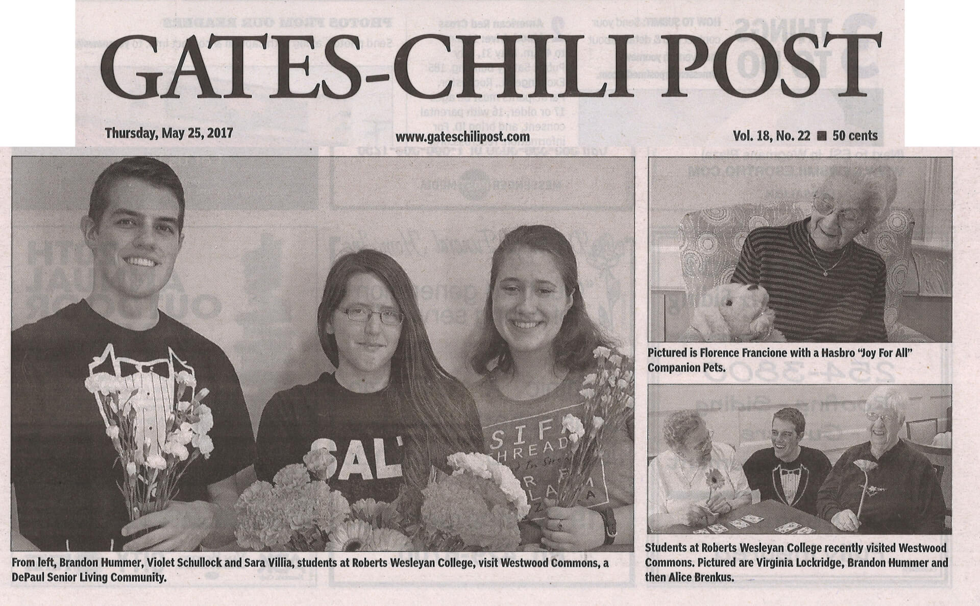 Westwood Commons receives visit from Comfort Companion Pets and local students, photos in the Gates-Chili Post May 25, 2017