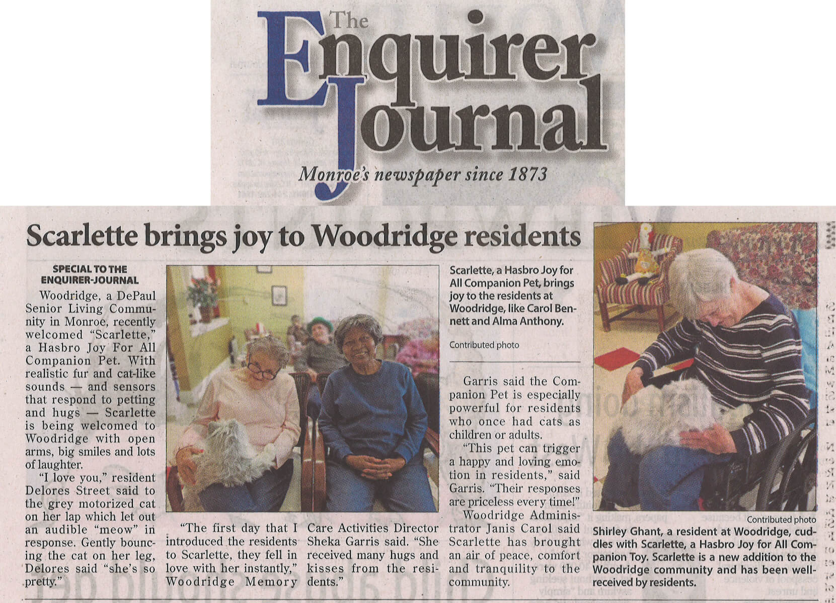 Woodridge Assisted Living residents receive joy from Joy for All Companion cats story in the Enquirer journal 