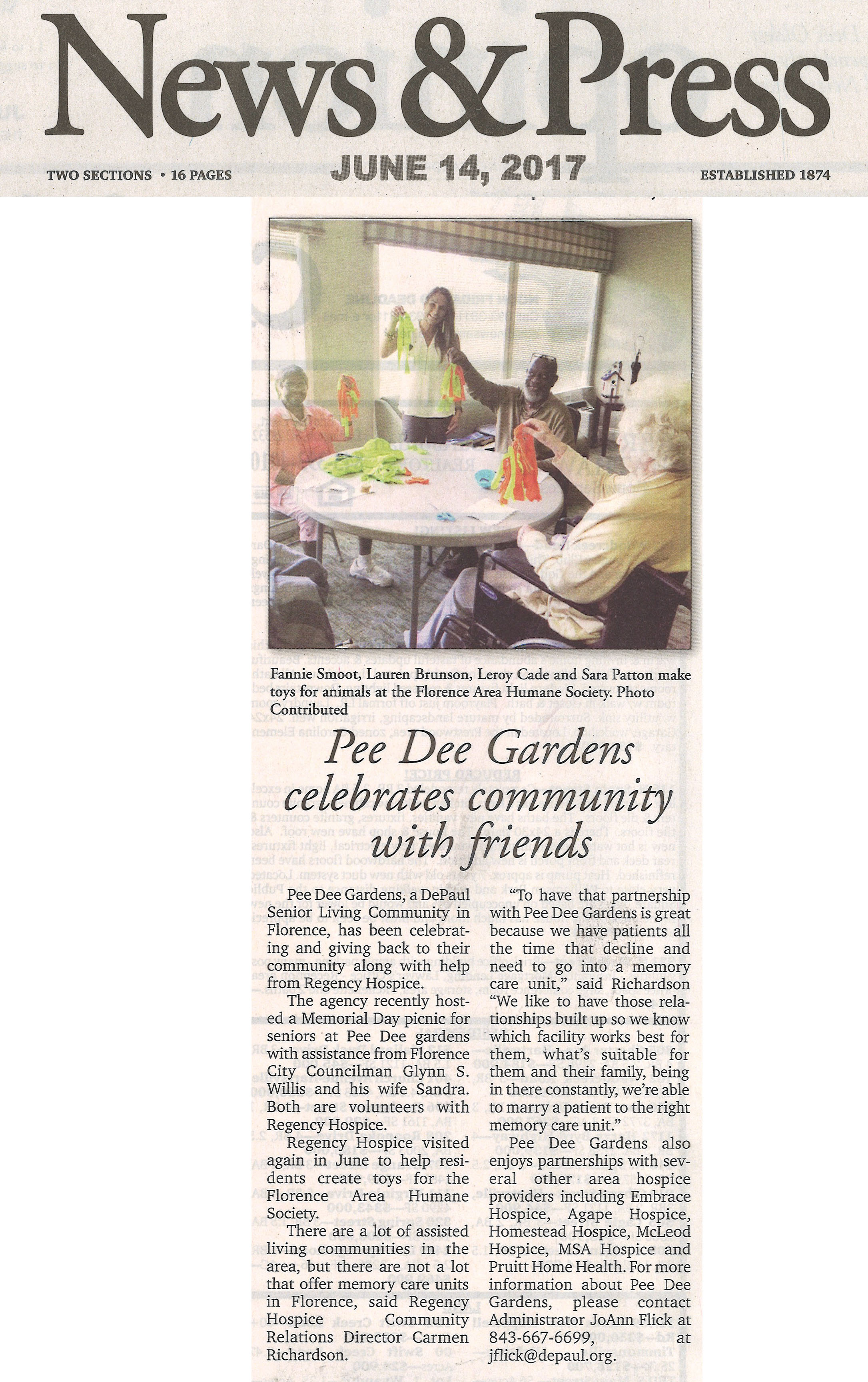 Pee Dee Gardens celebrates community with friends story in the News and Press June 14, 2017