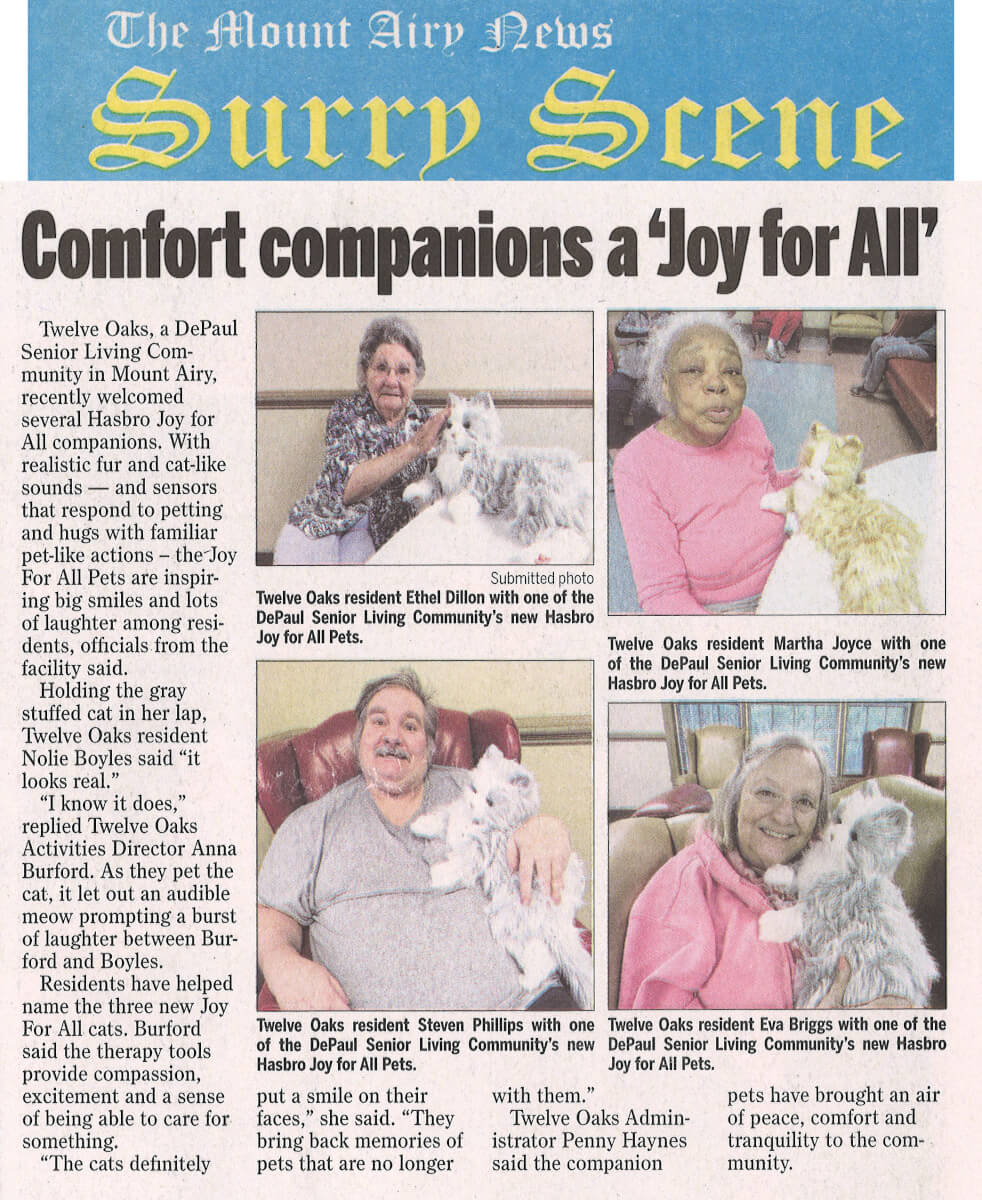 Twelve Oaks Residents enjoy Comfort Companions, article in the The Mount Airy News Surry Scene