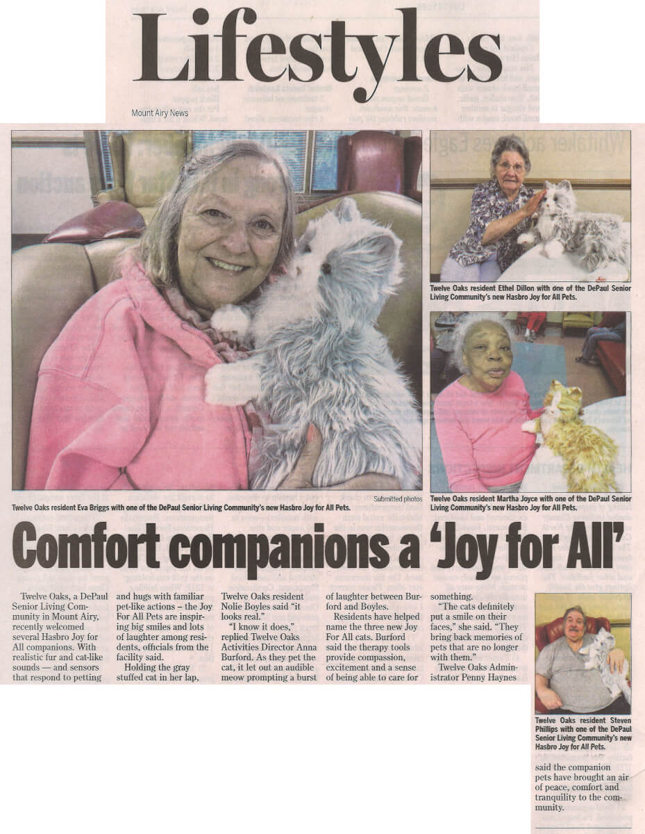 Twelve Oaks Assisted Living receive comfort companions, article in the Mount Airy News June 14, 2017