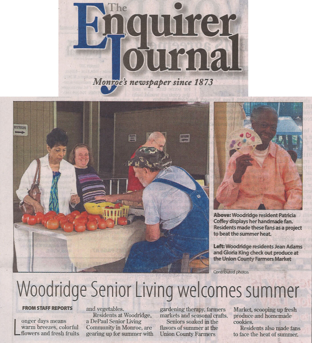 Woodridge Senior Living Welcomes Summer story in the Enquirer Journal 2017