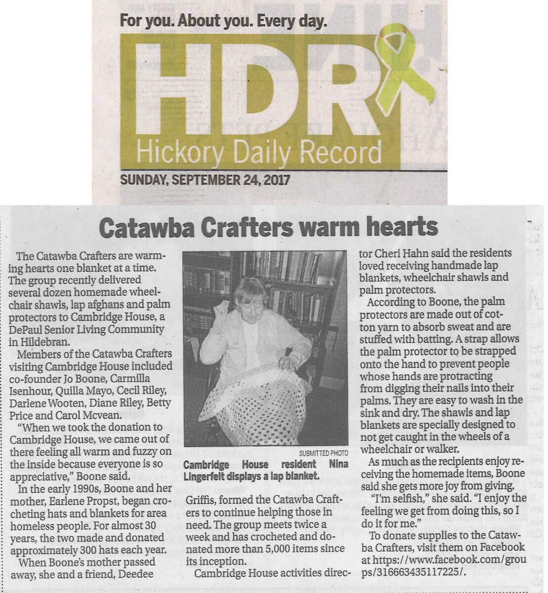 Catawba Crafters warm hearts at Cambridge House, article in the Hickory Daily Record, September 24, 2017