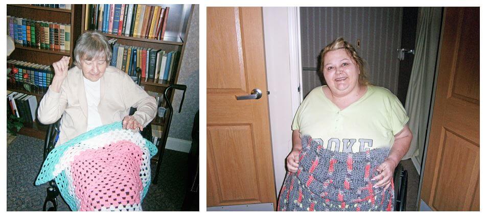 Cambridge House residents Nina Lingerfelt and Revonda Bishop enjoy their homemade lap blankets donated by the Catawba Crafters.