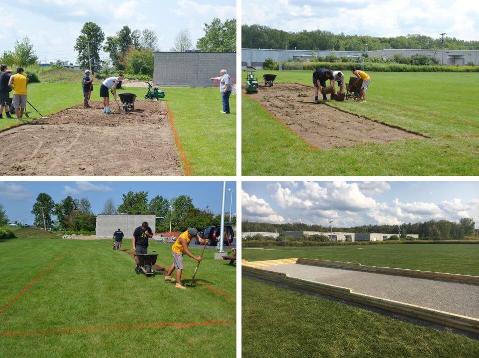 Various stages of the bocce ball court being created at DePaul 