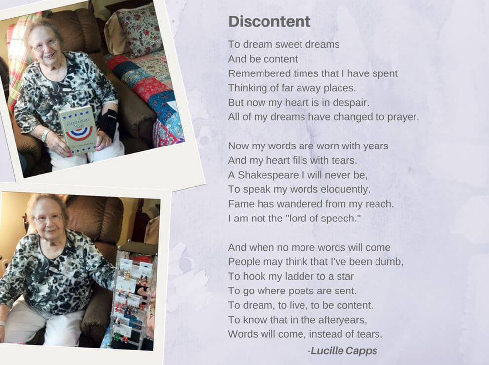 Prestwick Village resident Lucille Capps with poem "Discontent"