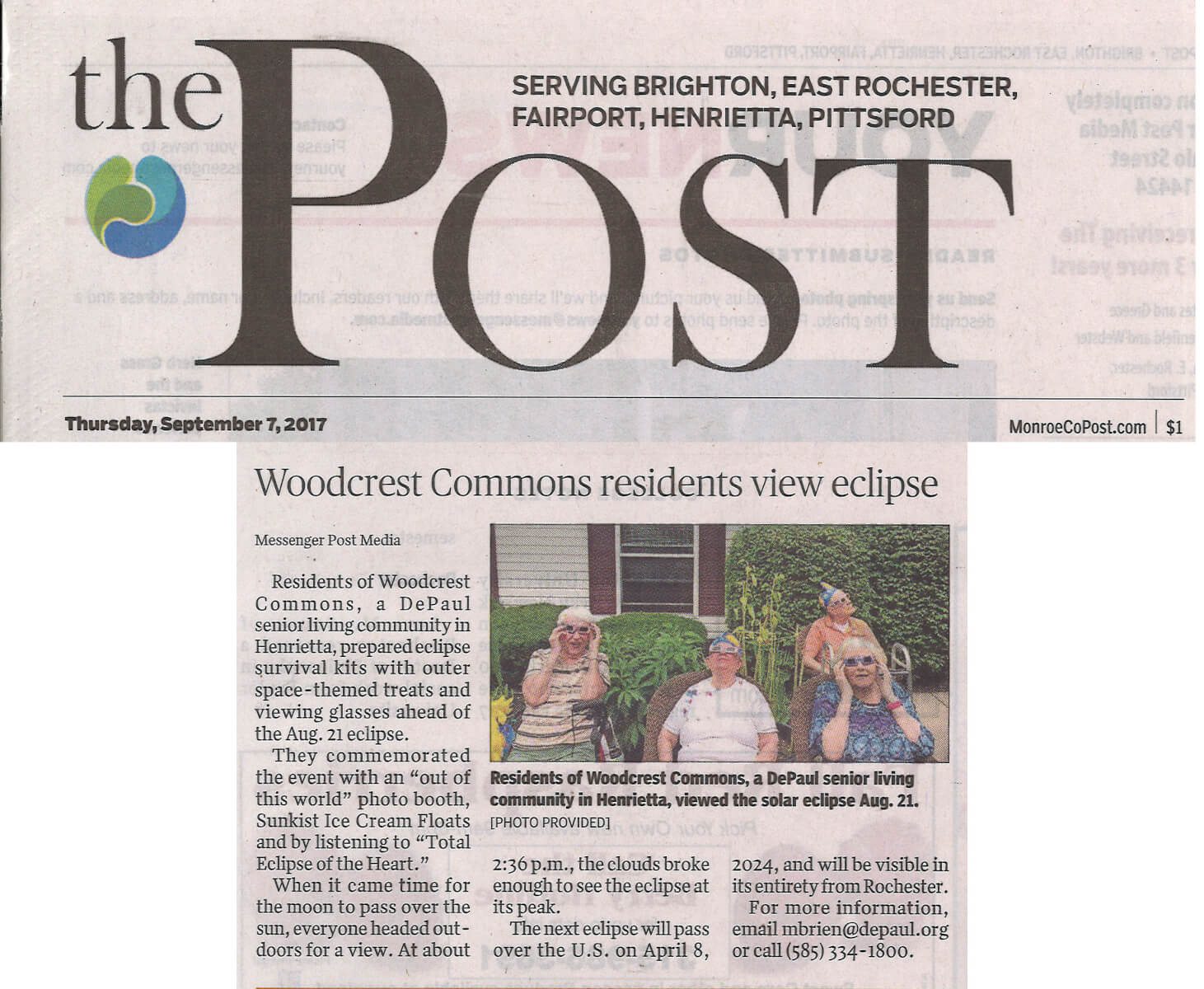 Woodcrest Commons' residents view the eclipse, story in The Post September 7, 2017