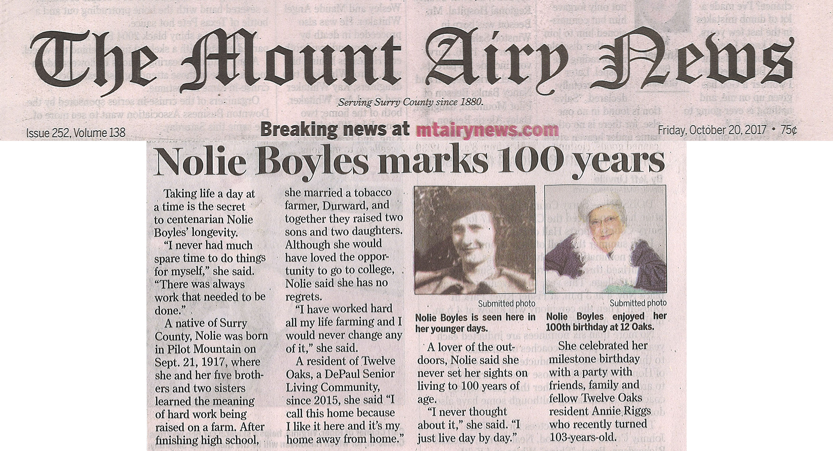 Twelve Oaks resident Nolie Boyles marks 100 years article in the Mount Airy News October 20, 2017
