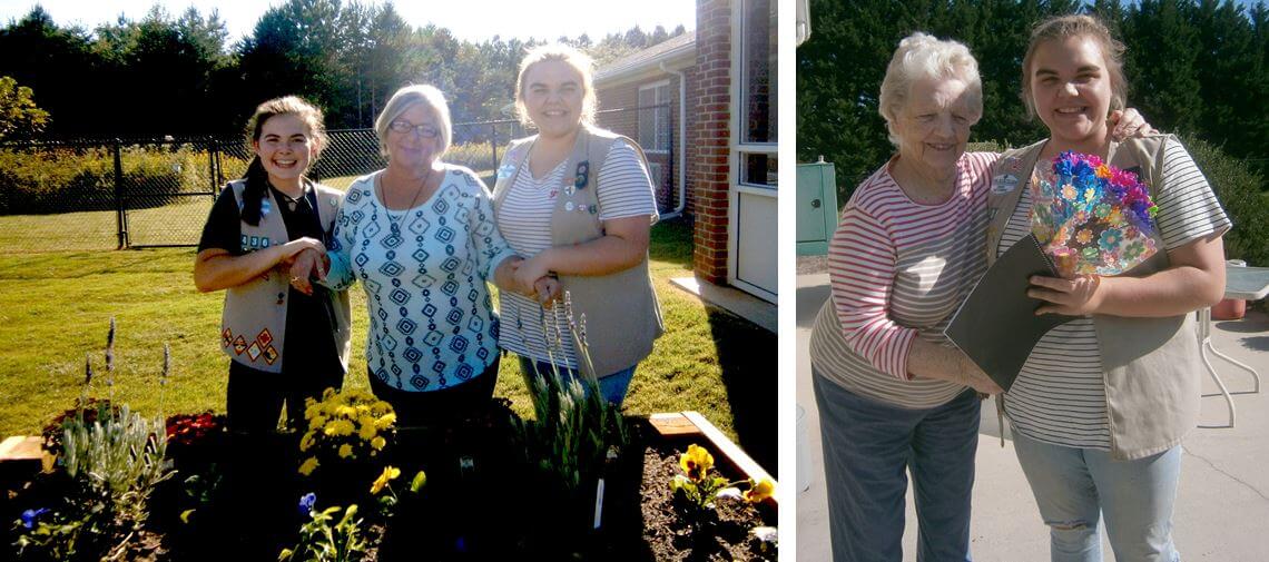 Madison and Journey with Wexford House resident Mandy Carver in front of one of the raised garden beds they built and Journey is shown accepting flowers from Wexford House resident Betty Griffin